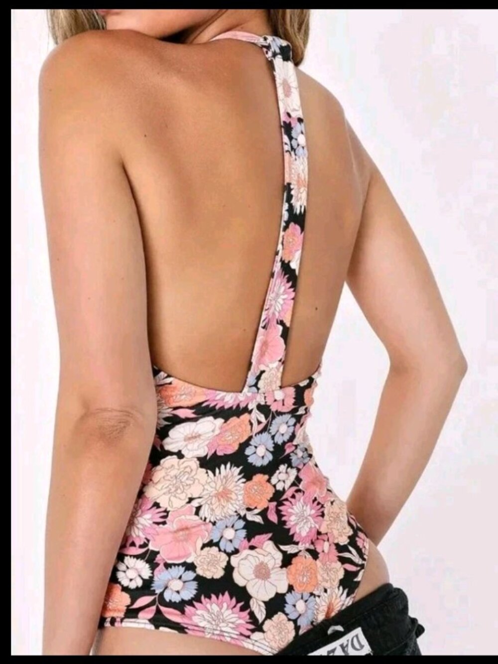 Lulus Floral Halter Bodysuit Black Pink Peach Deep V Open Back S M NWT